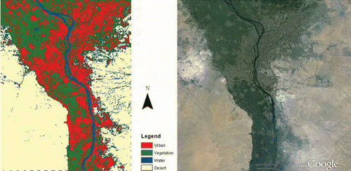 Figure 5. Compiled land cover and corresponding satellite imagery area (© 2010 Google, Map Data © DigitalGlobe, Map Data © Geolayer).