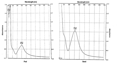 Figure 2. UV-vis absorption spectra of biogenic synthesized AgNPs using extracts of cocoa pod husk and seed.