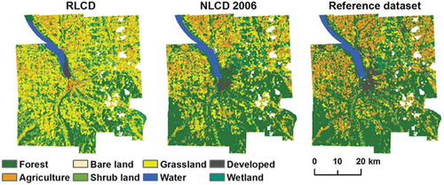 Figure 5. The RLCD for 2006, NLCD 2006, and TCPD reference dataset for Tompkins County, NY.