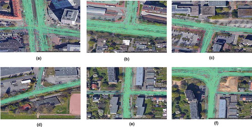 Figure 1. Sample trajectories from the six intersections of the study. Source: Imagery © 2020 GeoBasis-DE/BKG, GeoContent, Maxar Techonologies, Map data © 2020 GeoBasis-DE-BKG (© 2009)