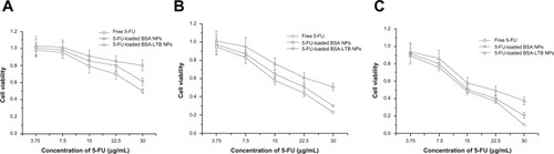 Figure 6 Viability of cells after incubation with either free 5-FU, 5-FU-loaded BSANPs, or 5-FU-loaded BSA-LTB NPs, at various 5-FU concentrations (3.75–30 μg/mL).Notes: (A) After 24 hours; (B) after 48 hours; (C) after 72 hours (n=3)Abbreviations: 5-FU, 5-fluorouracil; BSA, bovine serum albumin; LTB, heat-labile enterotoxin subunit B; NPs, nanoparticles.