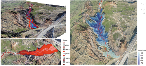 Figure 8. Simulated Gully bottom evolution during a 50-years period – 2D and 3D view.