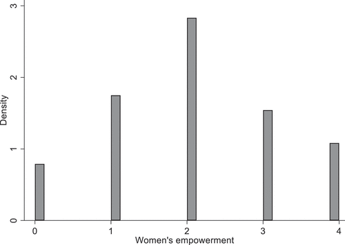 Figure 1. The distribution of answers to the women’s empowerment question. The figure shows the shares of respondents who (0) disagreed with all statements regarding women’s empowerment, (1) agreed with one statement, (2) agreed with two statements, (3) agreed with three statements, and (4) agreed with all four statements, as described in the article text.