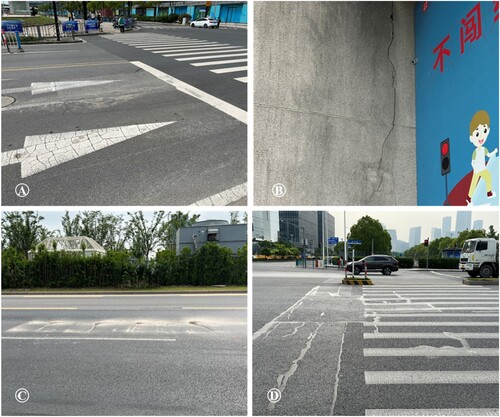 Figure 11. Ground subsidence risk on-site investigations results: (a) road collapses and (b) building cracks near Dishui Lake Station, (c) road collapses and cracks near Lingang Avenue Station, (d) road collapses and cracks along the interval from Longyao Road Station to the Oriental Sports Center Station.