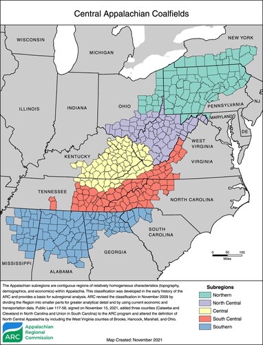 Figure 1. Map of the Central Appalachian region, as defined and mapped by the Appalachian Regional Commission. The coalfields closely map onto the central sub-region.