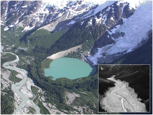 Figure 8. (a) An unnamed moraine-dammed lake in the southern Coast Mountains of British Columbia. The moraine was constructed by a small valley glacier during the Little Ice Age. A lake formed in the basin created when the glacier retreated from the moraine during the early 1900s. Photo by John J. Clague. (b) Flood-ravaged valley floor of a tributary of Nostetuko River, British Columbia, following the catastrophic draining of a moraine-dammed lake in July 1997. Photo by John J. Clague.