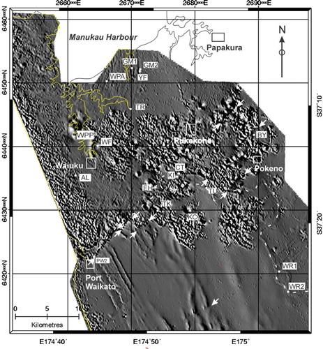 Figure 3. Total magnetic intensity (TMI) anomaly as grey-scale illuminated from 250° with a ‘sun elevation’ of 15°. The path of the Waikato River is indicated by a thin dashed white line traced from Figure 1. Some northeast fault traces are indicated by pairs of white arrows.