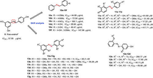 Figure 6. ResveratrolCitation64 and its analogs, 10a–10f,Citation66 11a–11e,Citation67 12a–12dCitation68 and 13a–13gCitation69. *The IC50 value of resveratrol is 26.63 ± 0.55 μMCitation65 and 57.05 μg/mLCitation66 according to the references 65 and 66.