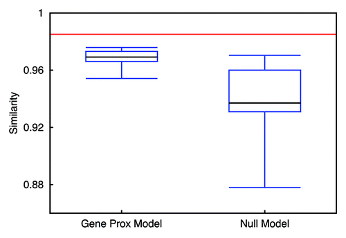 Figure 10. Similarity measurement of chromosomal arm interaction patterns identified from the models and experiment. The red line indicates the similarity between random interaction pattern and the pattern extracted from the experimental data. The left candlestick shows the similarity between the Gene Proximity Model and the experiment. The right one indicates the result for the Null Model.