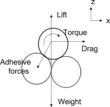 FIG. 1 Force balance acting on a single soil particle subject to aerodynamic and adhesive forces (adapted from CitationGreeley and Iversen, 1985).