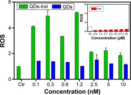 Figure 5 ROSlevels in D. magna treated with different concentrations of QDs, QDs-Ind, and indolicidin expressed as absorbance values with SD.Notes: All bars have a significant difference with controls (P<0.01). Results are in response to an analysis of variance.Abbreviations: QDs, quantum dots; ROS, reactive oxygen species; SD, standard deviation; D. magna, Daphnia magna; QDS-Ind, quantum dots-indolicidin.