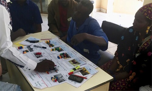 Figure 5. The game being played in Burkina Faso. Participants are selecting the number of bricks that they want to assign to each vignette, representing the number of animals.