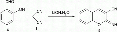 Figure 5.  Synthesis of 2-imino-2H-chromene-3-carbonitrile (5) using LiOH·H2O.