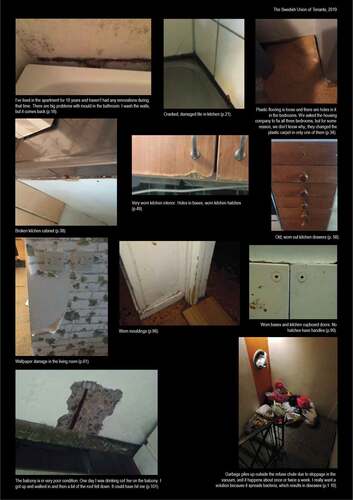 Figure 2. The Union of Tenants assessed the need for maintenance and the 243 photos in their report show that the situation in many apartments is precarious. In this selection of photos, we can see some of the situations tenants live in (Union of Tenants, Bredfjällsgatan & Gropens Gård, Citation2019)