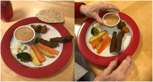 Figure 2. The finger food meal (flatbread, beef rolls, potatoes and vegetables and sauce) served during the observations.