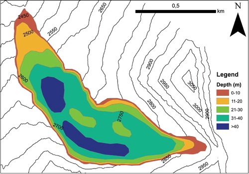 FIGURE 6. Approximate thickness distribution at Outer Hochebenkar rock glacier as estimated from the GPR data. The colors indicate the depth of the bedrock. The rock glacier thins rapidly toward the tongue. The thickest parts are located on the orographic left side of the rock glacier.