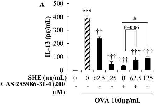 Figure 7. (A) The effect of SHE on the expression of cytokines in splenocytes treated with CAS 285986-31-4 in the presence or absence of OVA (100 μg/mL) is shown. The protein expression of IL-13 was evaluated using ELISA. The data are represented as the mean ± SEM from three individual experiments. ***(p < 0.0005) represents significant increase compared with the untreated control (empty bar), and ††(p < 0.005) and †††(p < 0.0005) represent significant decrease compared with the OVA-only group (shaded bar). #(p < 0.05) represents significant increase compared with CAS 285986-31-4, a STAT5 inhibitor alone.