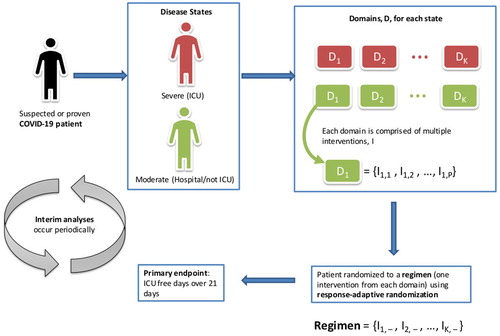 Figure 2. REMAP-CAP trial structure for COVID-19 patients (adapted from a webinar by Berry Consultants, https://www.youtube.com/watch?v=mhPsj1j3hlk).