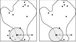 Figure 4 Example of a circular moving window traversing a data set to summarize statistics when data exists outside a study area (left panel) and when data does not exist outside a study area (right panel). The statistical results reported for these two scenarios are different due to the spatial extent of collected data. This example underscores the importance of selecting a program AOI. Therefore, identifying analysis extents and data discovery and collection extents is an important component to establish within a management plan.