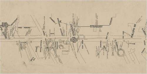 Figure 17. Detail from Robert Venturi, Denise Scott Brown, and Steven Izenour, Learning from Las Vegas Studio, Fall 1968. Word map, Las Vegas Strip, 1968. Credits: Venturi, Scott Brown Collection, The Architectural Archives, University of Pennsylvania.