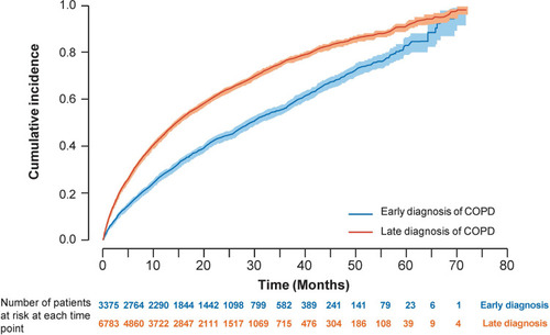 Figure 2 Time-to-first exacerbation in the early and late-diagnosed COPD patients.