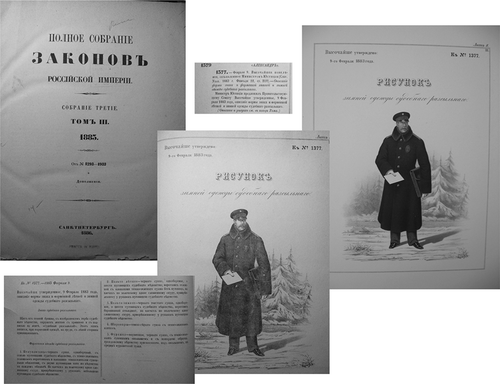 FIGURE 4 Collage: Winter Uniforms for Court Deliverymen, §1377, Feb. 9, 1883. Top left: title page, PSZ 3.3 (1886). Bottom left: detailed description in Ranks and Tables, p. 10. Top center: main description, p. 42. Bottom center: black and white lithograph, general set. Center right: chromolithograph, deluxe set, §1377 III, Feb 9, 1883 (PSZ Folder 1883 I, 8). Courtesy of Historical & Special Collections, Harvard Law School Library. Rpt. in PSZ.